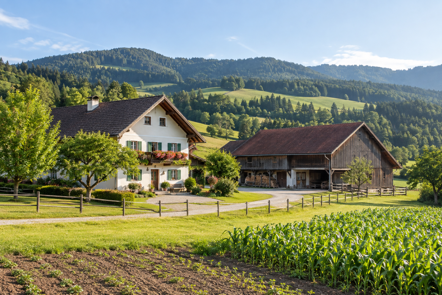 Bauernhof mit Wirtschaftsgebäuden und landwirtschaftlichen Flächen.