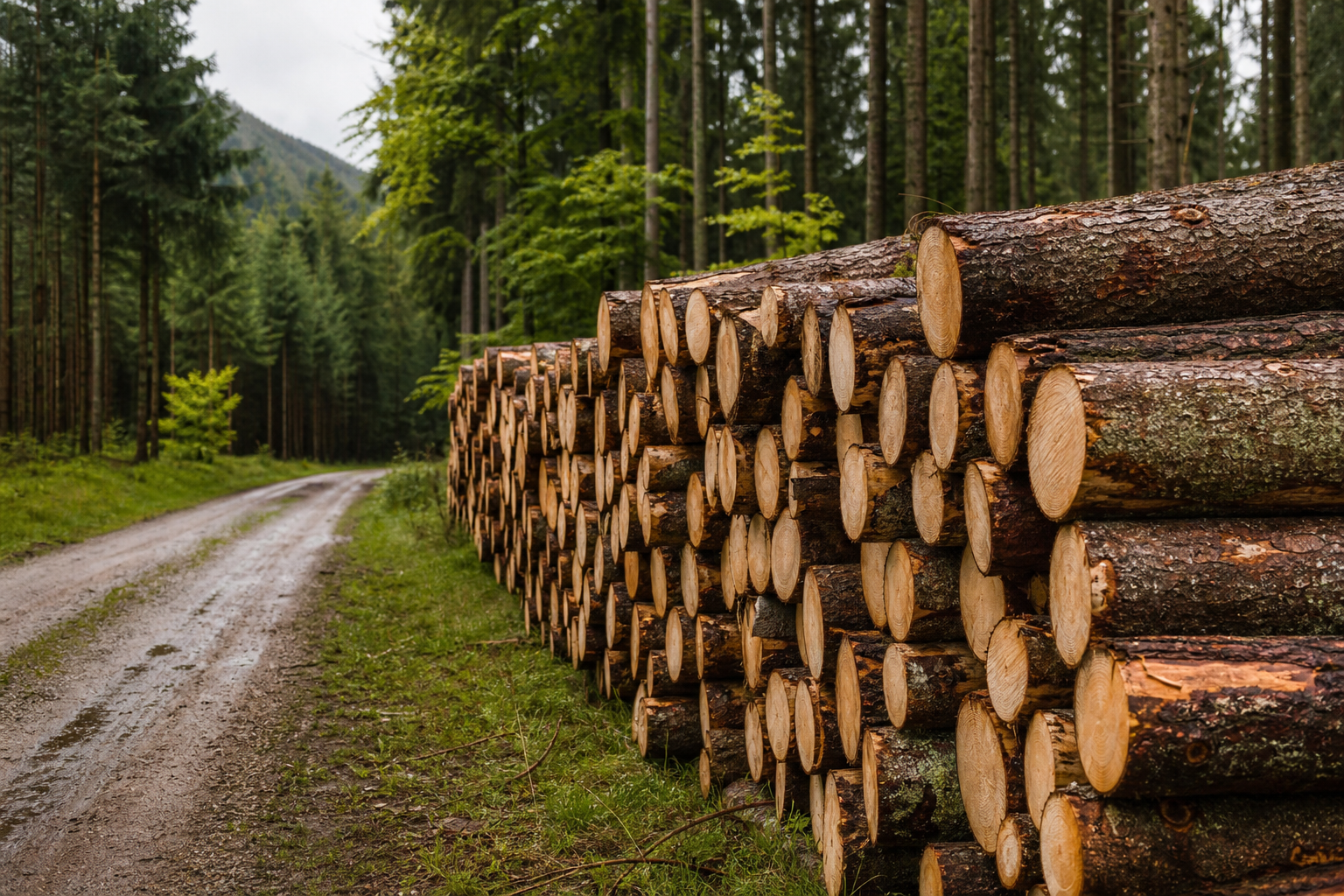 Gestapeltes Holz an einem Waldweg als Motiv fuer Forst und Waldverkauf.